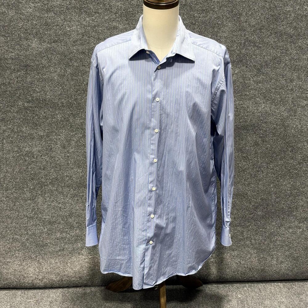 Ike Behar Shirt Mens 17 36/37 Blue Stripe Tall 100% Cotton Dress Button Up